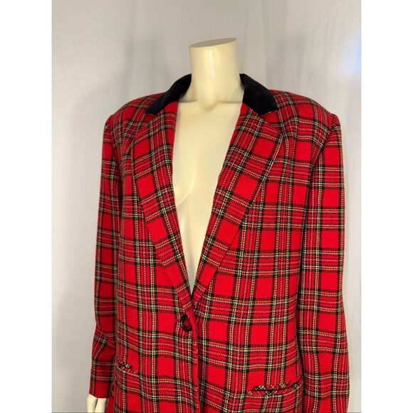 Vintage Sag Harbor Red Plaid Wool Blend Blazer with Black Velvet Collar – Size 1 - Picture 3 of 16